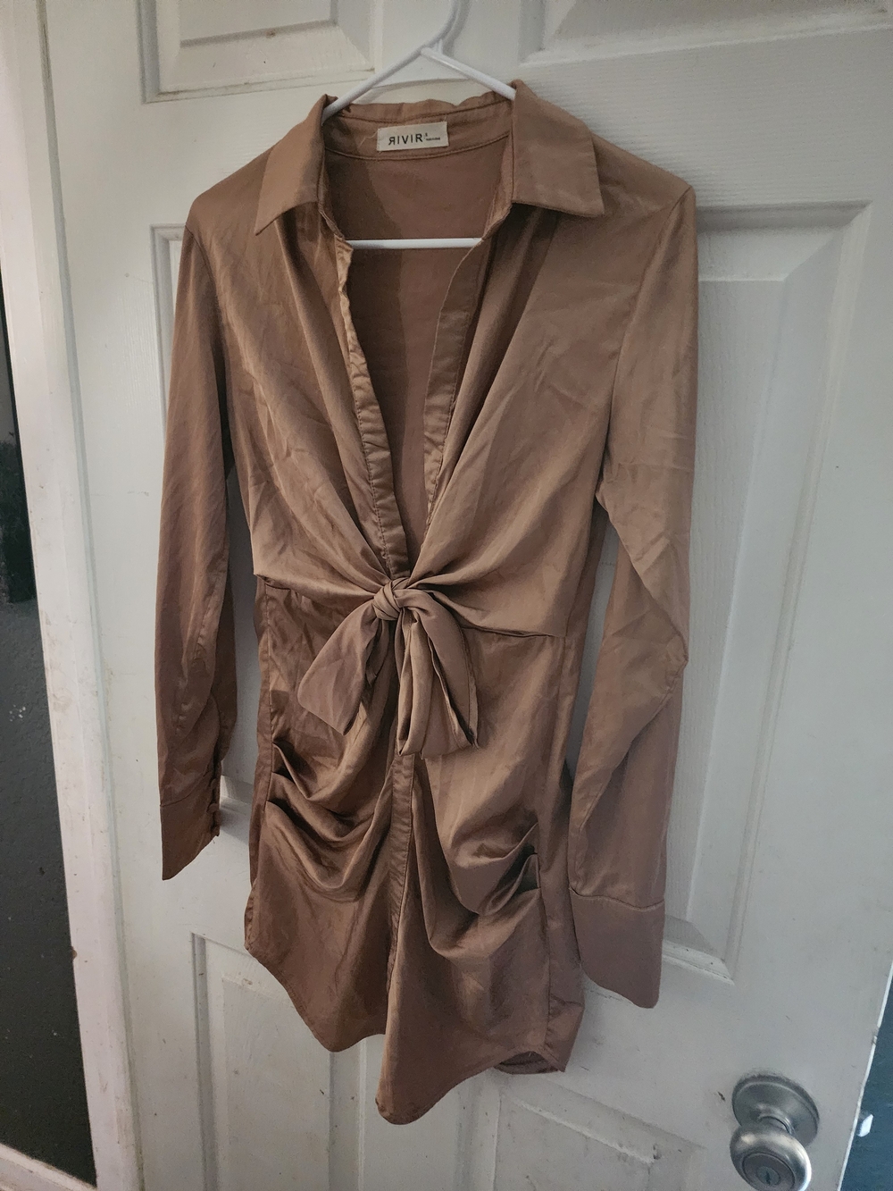 RIVIR Long-Sleeve Tie-Front Dress in Taupe